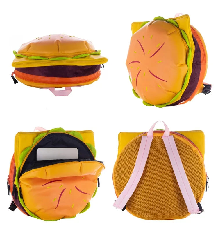 Stylish Hamburger Daypack Laptop Storage Zipper Portable Casual Tote PU Cheeseburger Backpack for Unisex