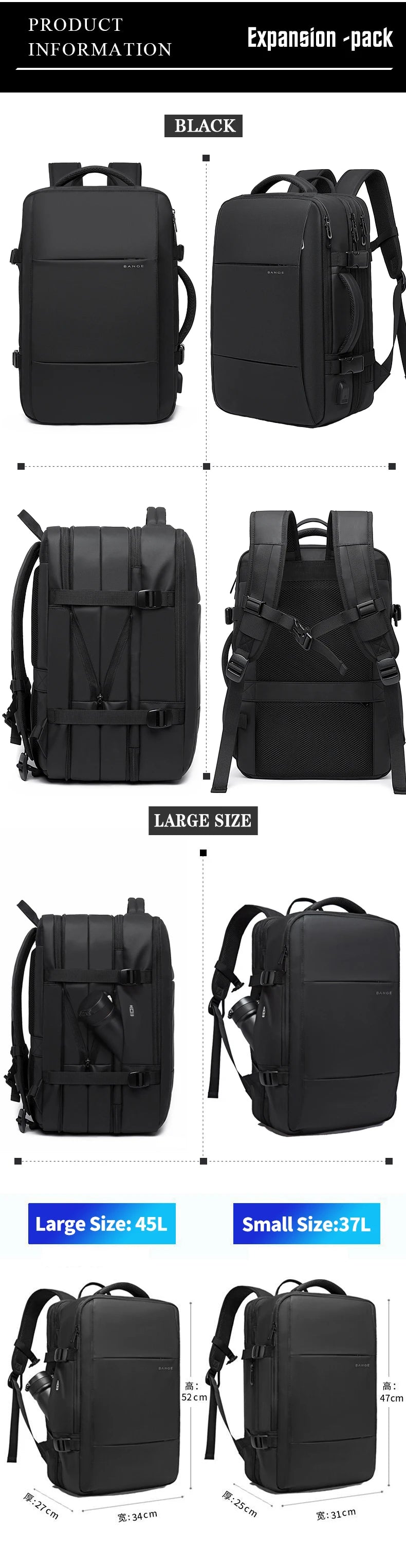 BANGE Expandable Men's Backpack Waterproof 17.3 in Laptop Backpack Man Large Capacity Hiking Travel Bag Male Backpacks for Men