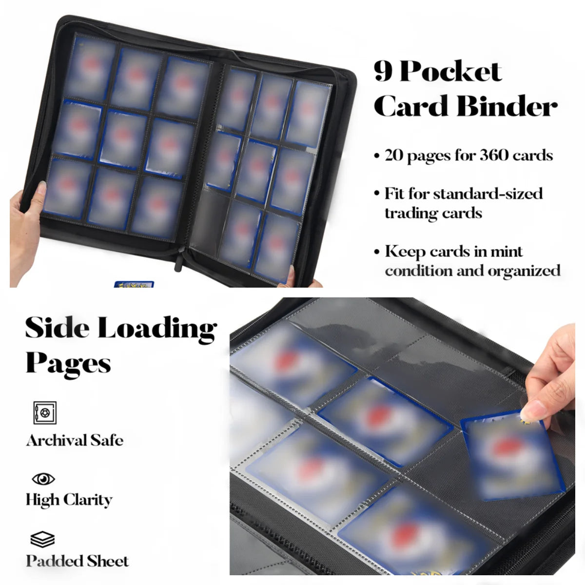 360 Card Binder, 9 Pocket PU Cover, Side-Loading Holder With Zipper