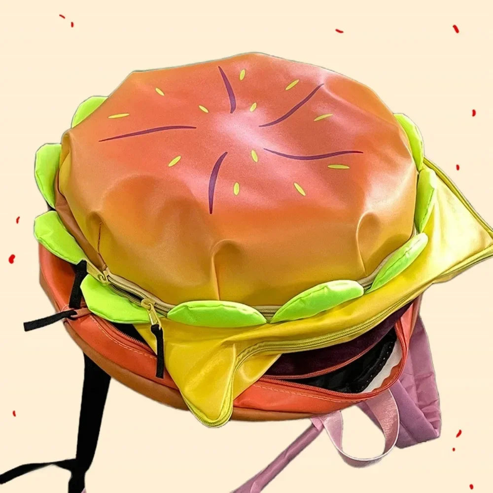 Stylish Hamburger Daypack Laptop Storage Zipper Portable Casual Tote PU Cheeseburger Backpack for Unisex