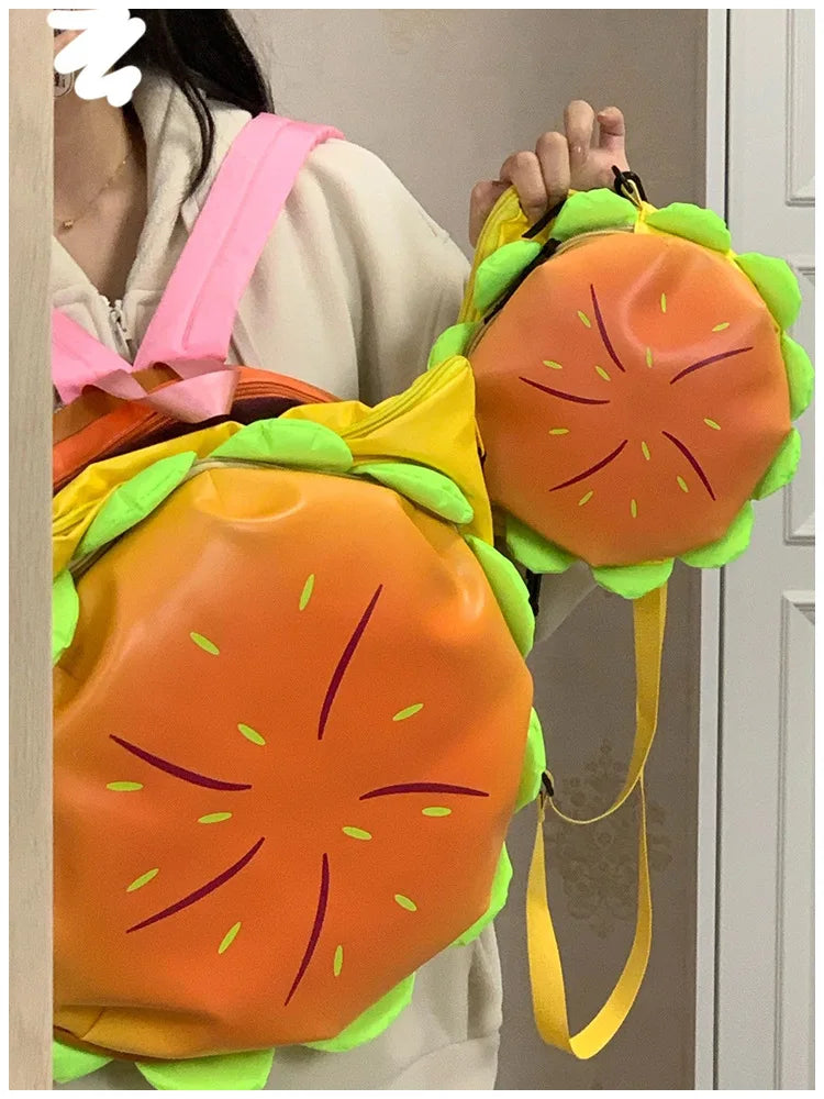 Stylish Hamburger Daypack Laptop Storage Zipper Portable Casual Tote PU Cheeseburger Backpack for Unisex