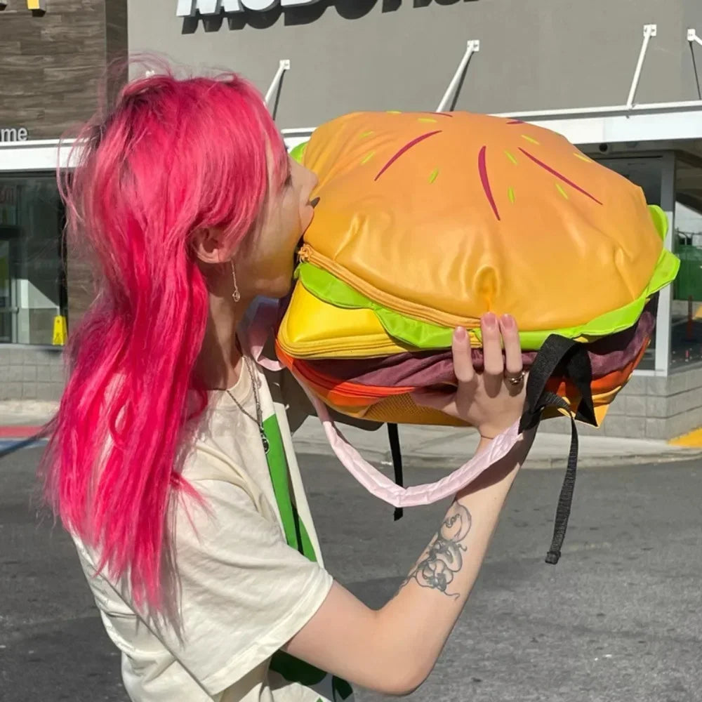 Stylish Hamburger Daypack Laptop Storage Zipper Portable Casual Tote PU Cheeseburger Backpack for Unisex