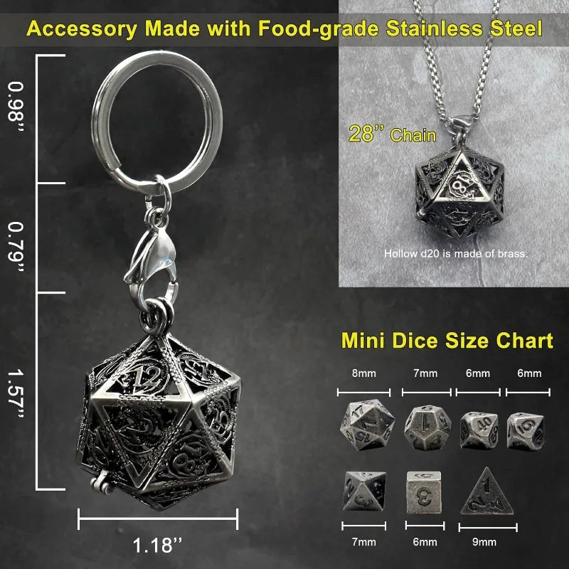 Mini Dice Set - Keychain and Necklace with D4 D6 D8 D10 D12 D20 Dice Case