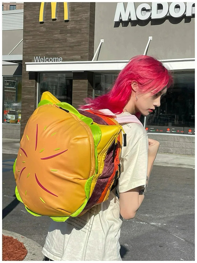 Stylish Hamburger Daypack Laptop Storage Zipper Portable Casual Tote PU Cheeseburger Backpack for Unisex