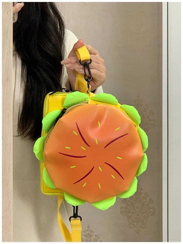 Stylish Hamburger Daypack Laptop Storage Zipper Portable Casual Tote PU Cheeseburger Backpack for Unisex