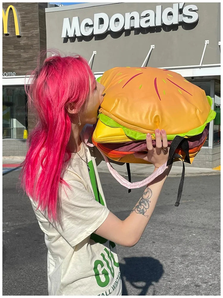 Stylish Hamburger Daypack Laptop Storage Zipper Portable Casual Tote PU Cheeseburger Backpack for Unisex