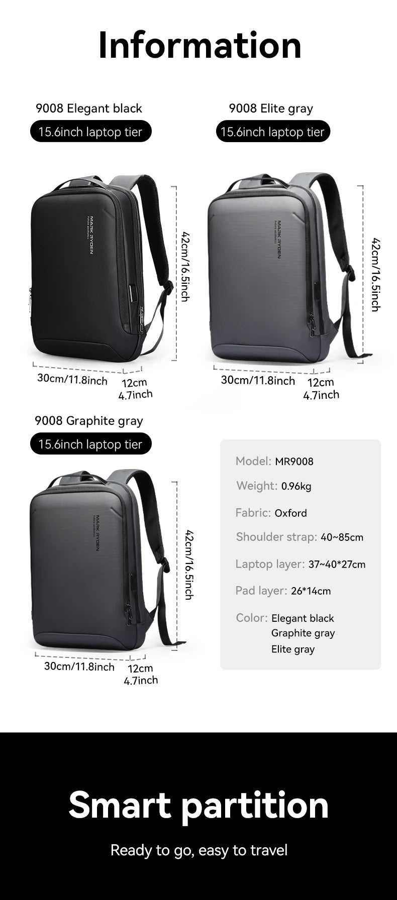 MARK RYDEN Slim Laptop Backpack with USB Port - Model MR9008